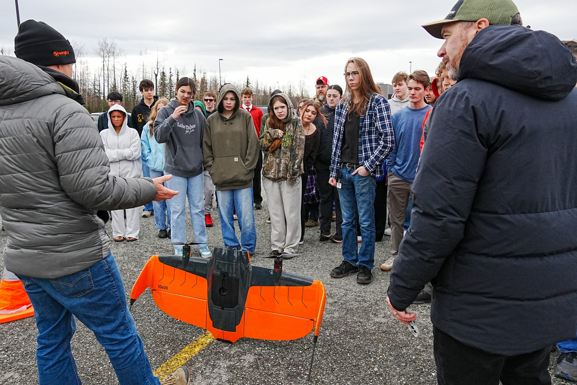 AK Drone co-founder Thomas Trapp and Wingtra drone representative Keith Richards demonstrate the Wingtra drone