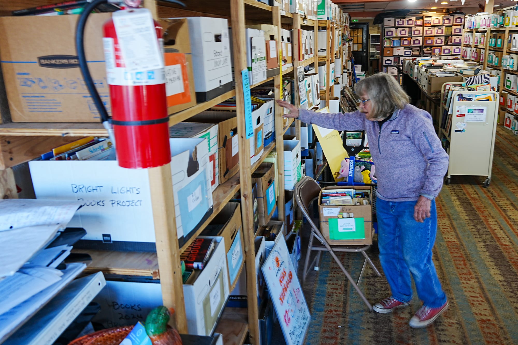 Bright Lights Executive Director Alys Culhane shows boxes of categorized books