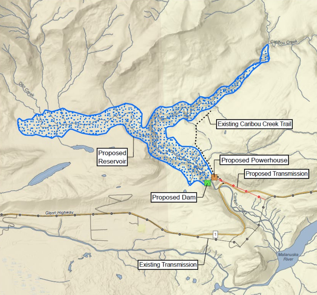 A rendering of the proposed Caribou Creek dam and reservoir