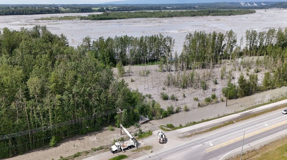 Matanuska River receding following levee breach in Butte