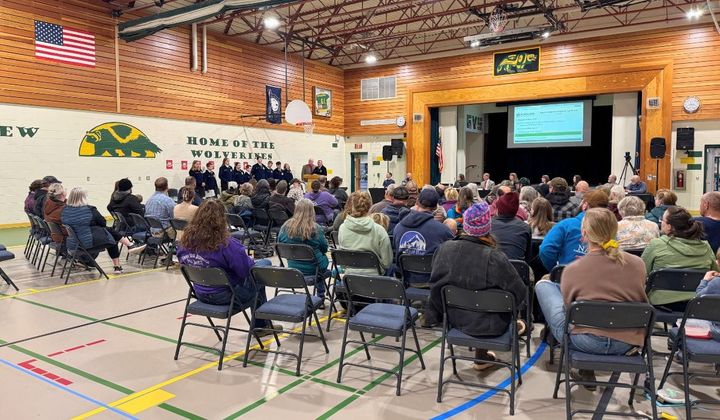 Dozens of parents and students filled the Glacier View School gym for a Matanuska-Susitna Borough School District meeting