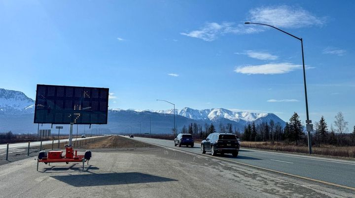 A road work sign on the southbound Glenn Highway
