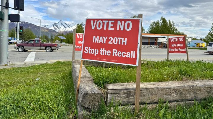 Campaign signs posted in Palmer on May 20, 2025.
