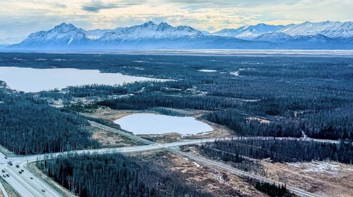 An aerial view of portions of Wasilla looking toward Lake Lucille