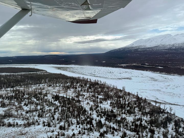 An aerial view of the Susitna River on March 22, 2025 showing the approximate location of a bridge planned as part of the recreational section of the West Susitna Access Road