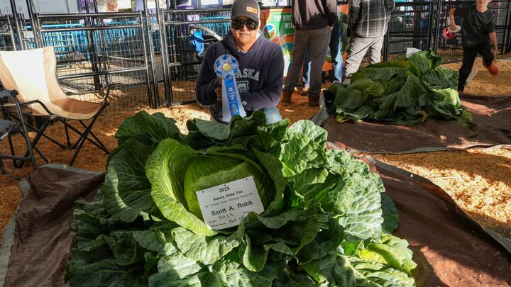Scott Robb sits with his winning cabbage