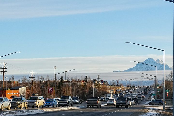 Vehicles travel along the Parks Highway near
