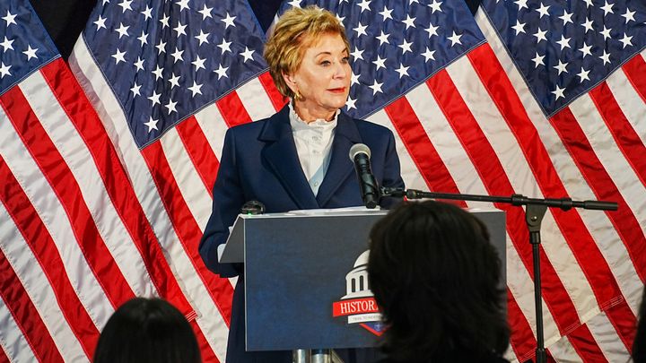 Education Secretary Linda McMahon speaks to students, staff and officials at Knik Charter School