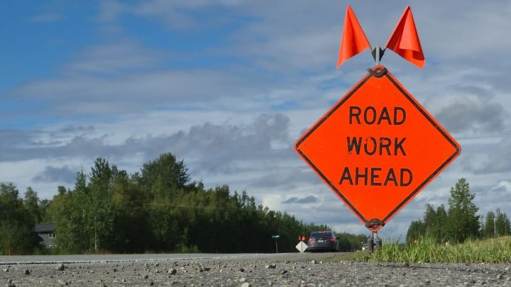 A road work sign on Big Lake Road