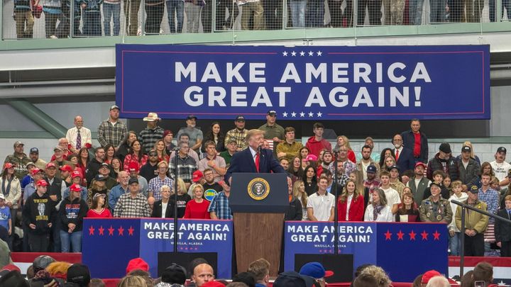 President Donald Trump speaks during a rally at the Curtis D. Menard Memorial Sports Center