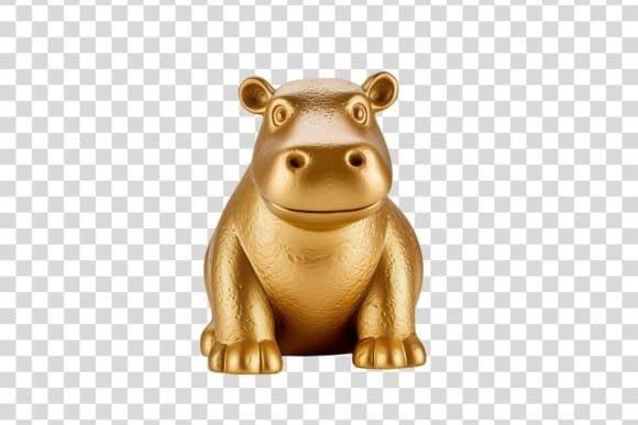 A gold-painted hippopotamus figurine on a gray checkerboard background.