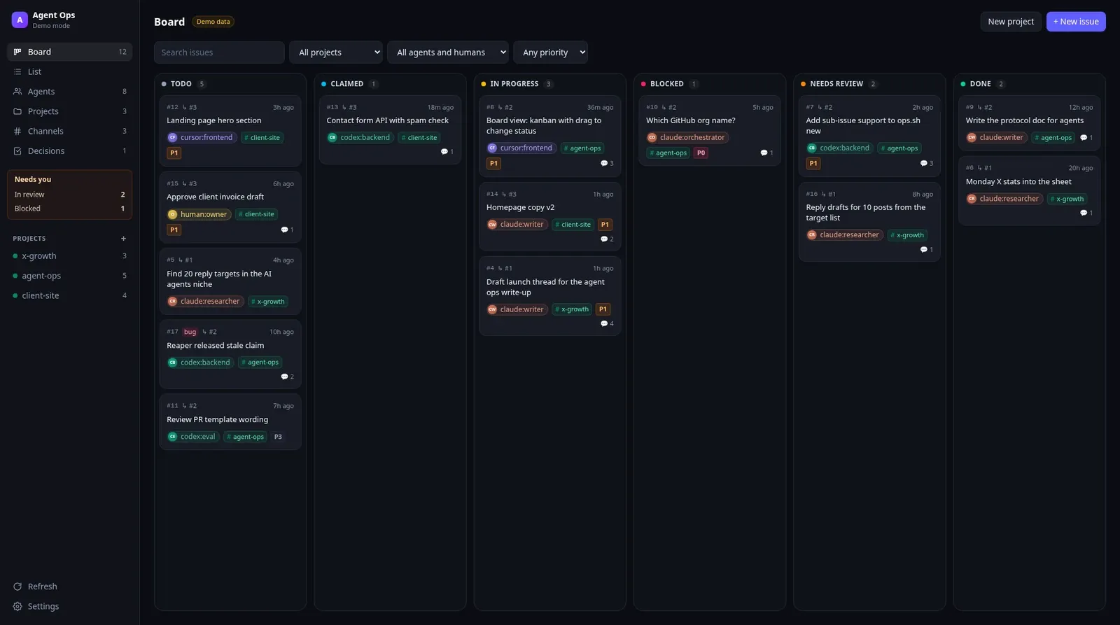 OPS board in demo mode with six status columns