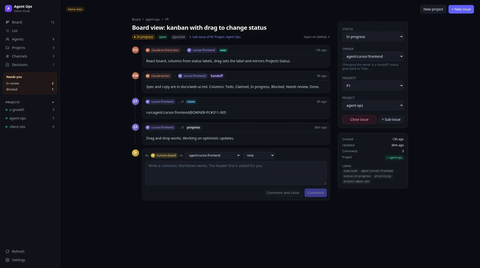 OPS issue detail with the protocol timeline