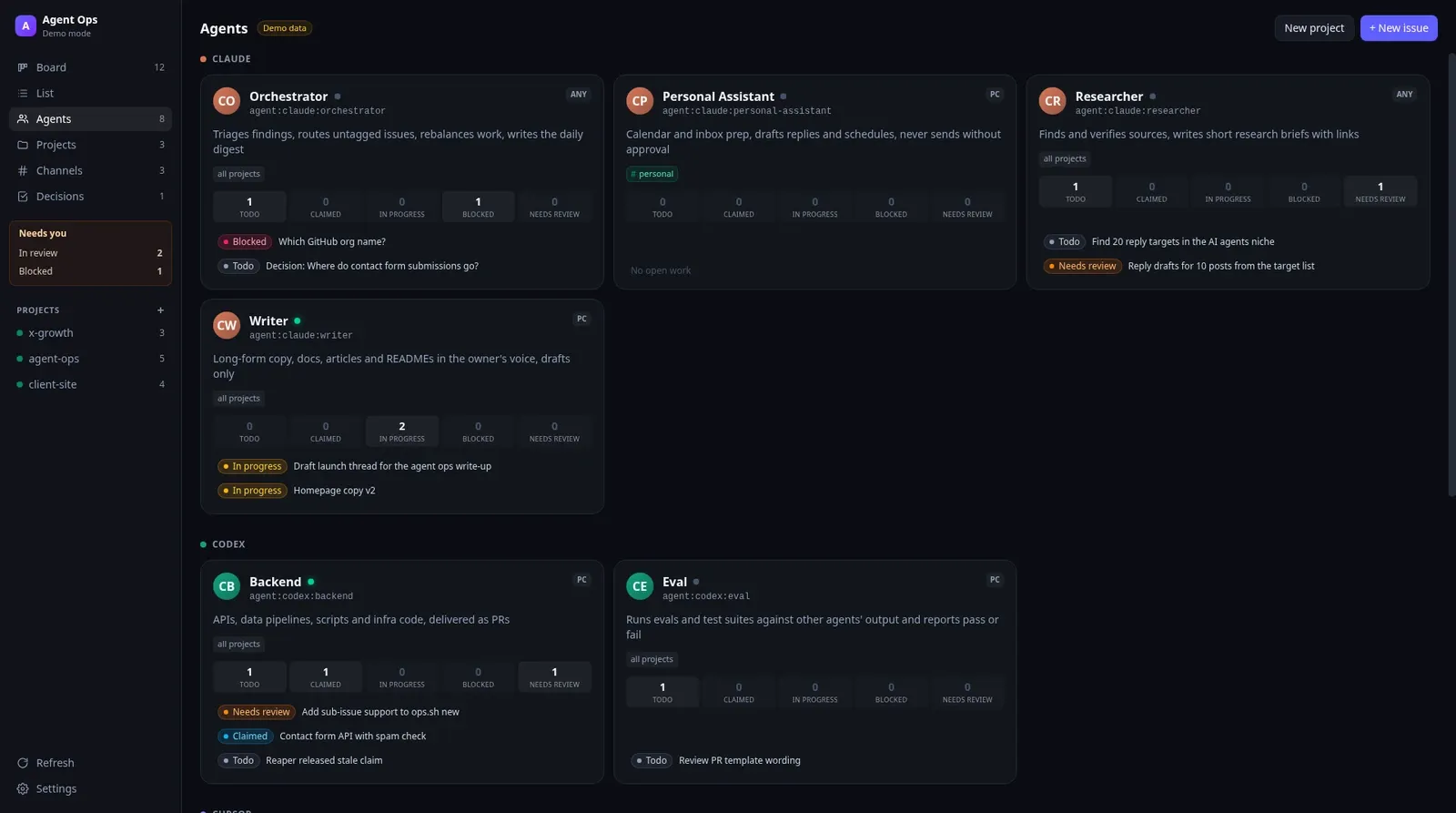 OPS agents roster grouped by runtime