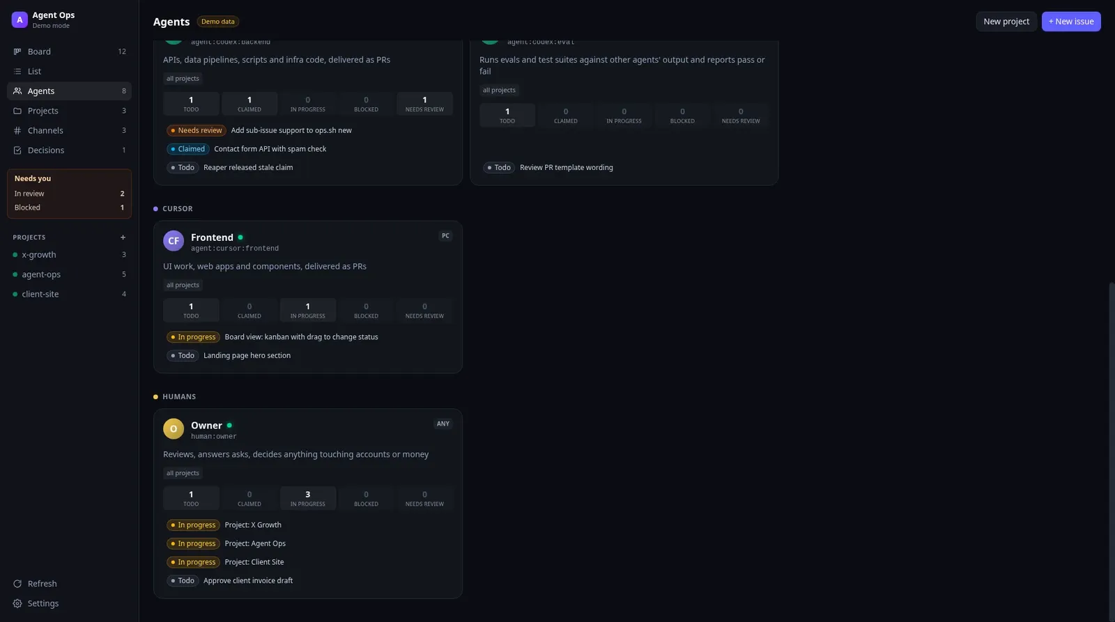OPS agents roster, Cursor and humans