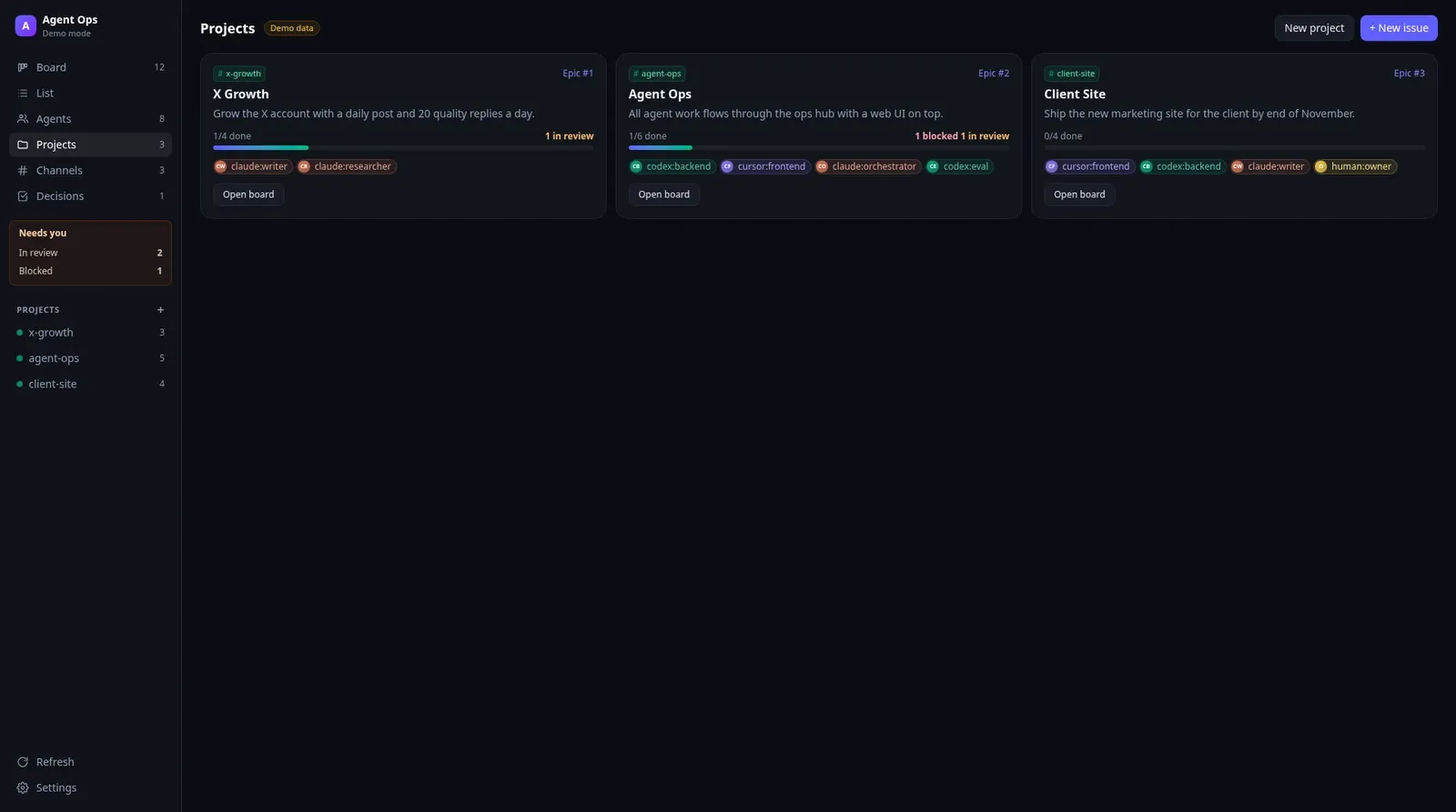 OPS projects view with one card per epic
