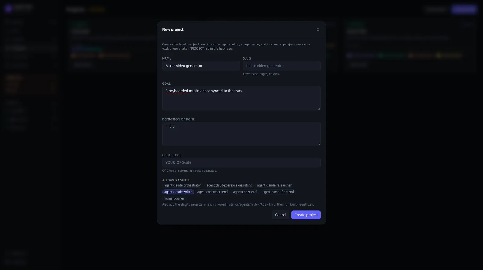 OPS New project dialog