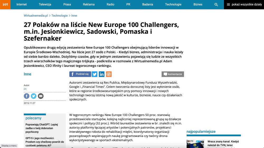 27 Polaków na liście New Europe 100 Challengers, m.in. Jesionkiewicz, Sadowski, Pomaska i Szefernaker