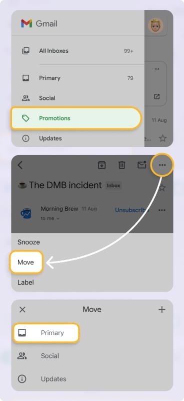 Primary inbox mobile instructions
