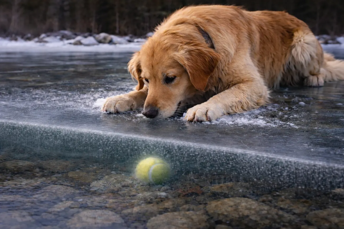 Tennis Ball in Frozen Pond is Driving Golden Retriever Nuts