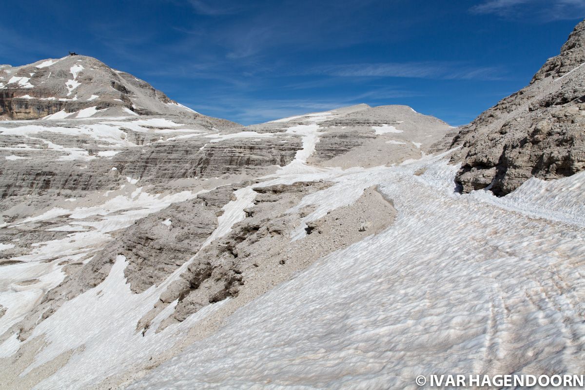 Snowy trail to Piz Boè in the Dolomites