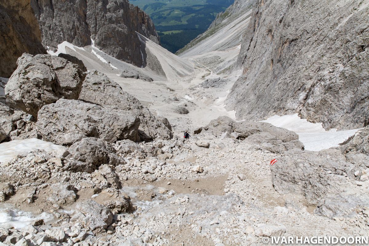Looking down from the trail to Langkofel, Dolomites