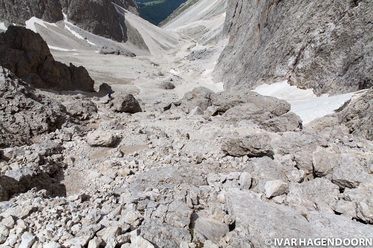 Looking down from the trail to the Langkofel, Dolomites