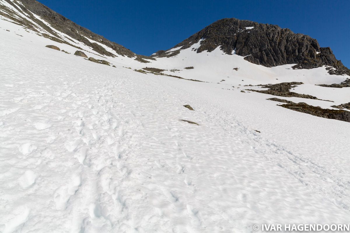 Snow patch along the way to the top of Mount Skåla