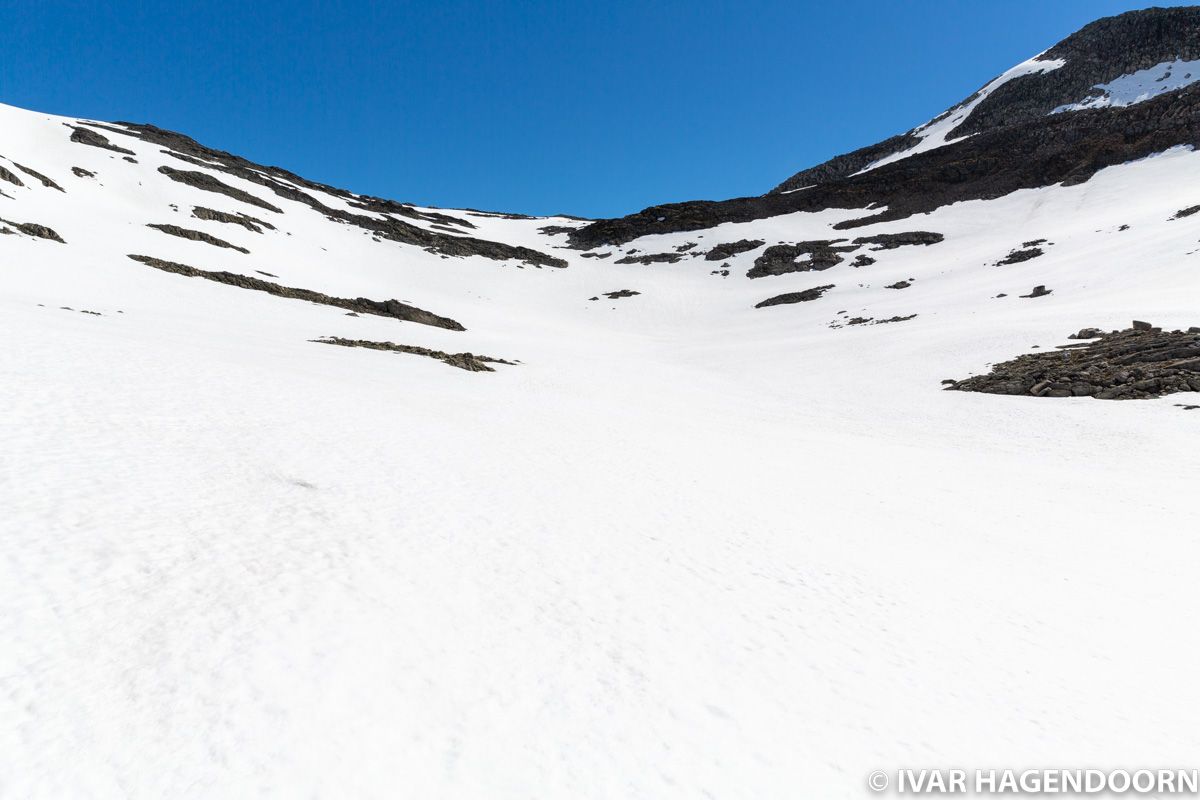 Snow field along the way to the top of Mount Skåla, Norway