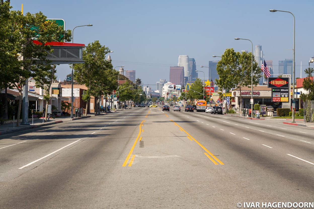 Looking down S. Figueroa St to downtown LA