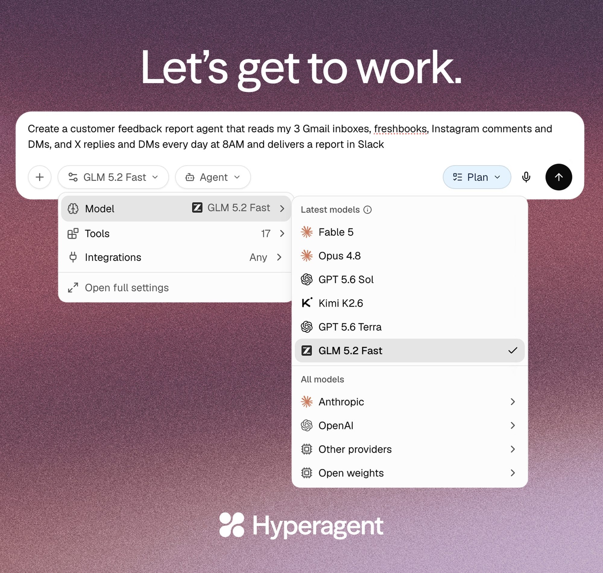 The Hyperagent model picker open inside a thread, showing latest models including Fable 5, Opus 4.8, GPT 5.6 Sol, Kimi K2.6, GPT 5.6 Terra, and GLM 5.2 Fast, plus provider groups for Anthropic, OpenAI, other providers, and open weights.