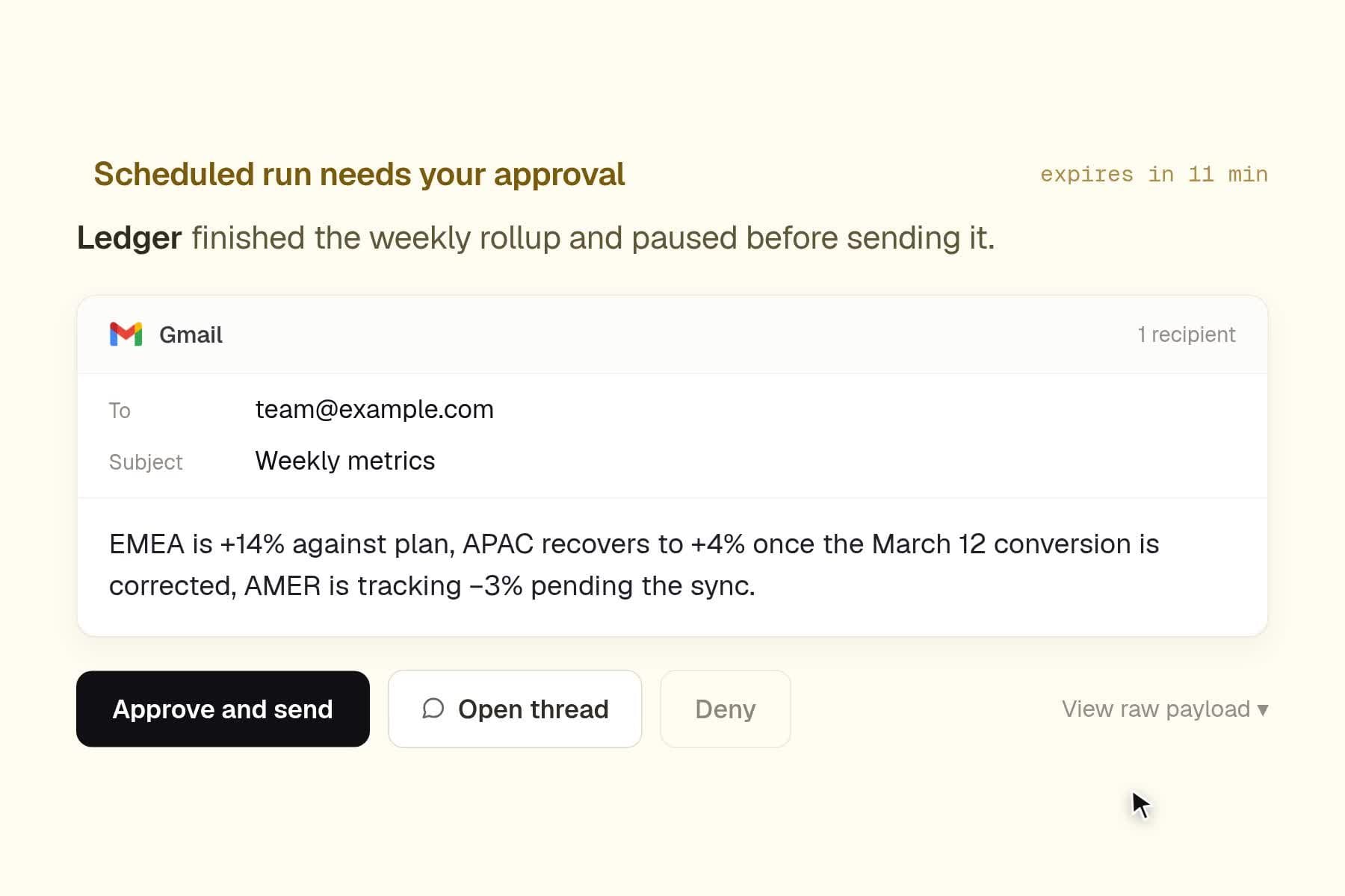 An Approval request in Inbox showing a staged email, its recipient, and Approve and send, Open thread, and Deny controls.