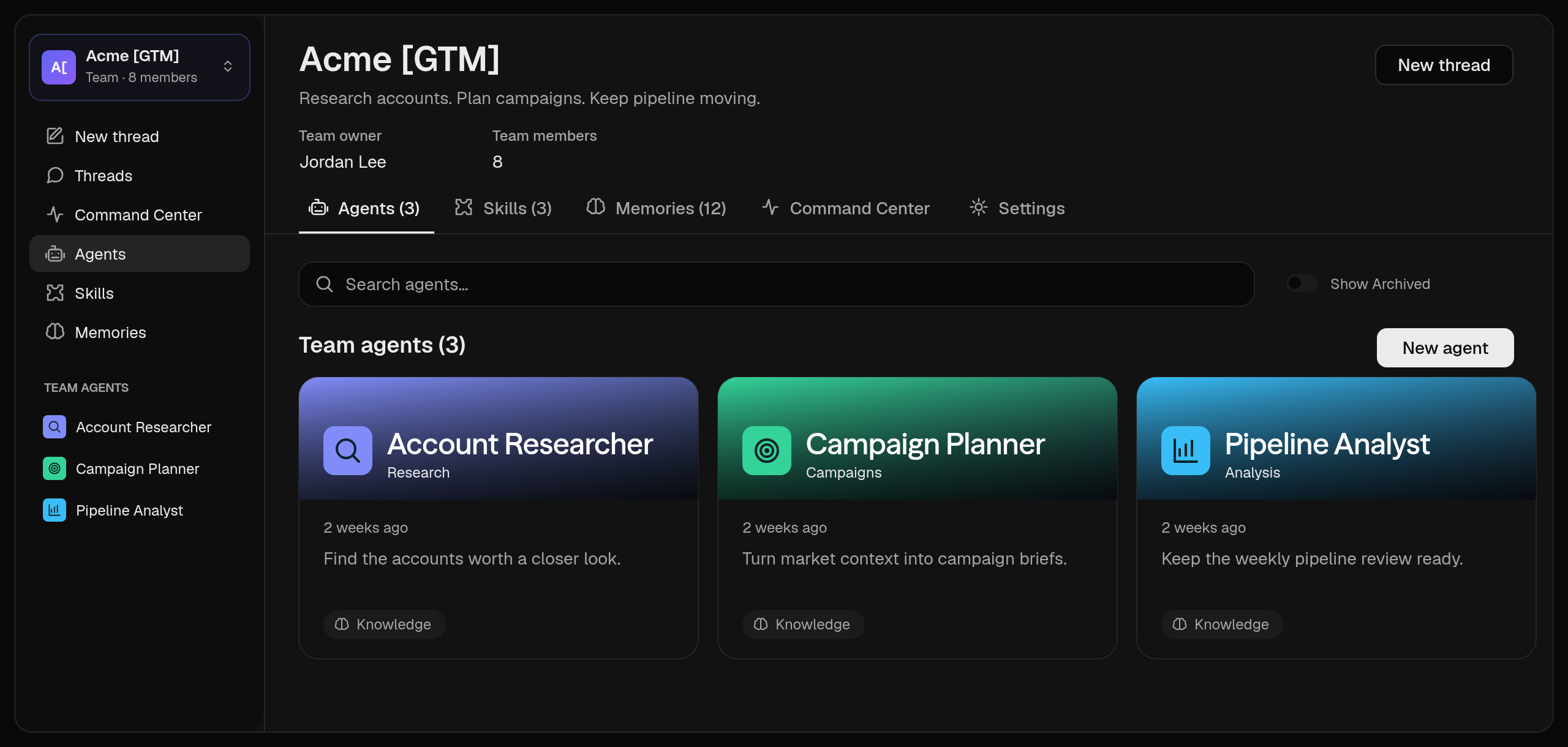 Hyperagent Workspace overview showing the shared resources a team uses together.
