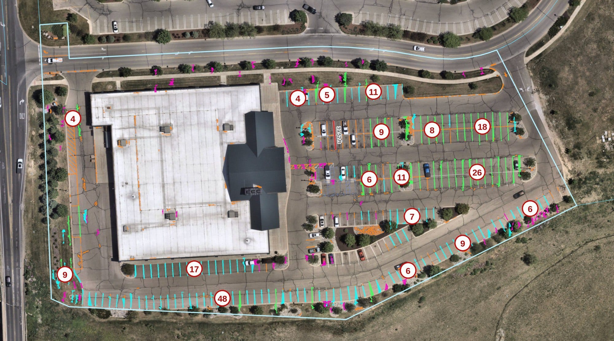 Aerial image of a commercial parking lot with every row of parking spaces counted by an agent