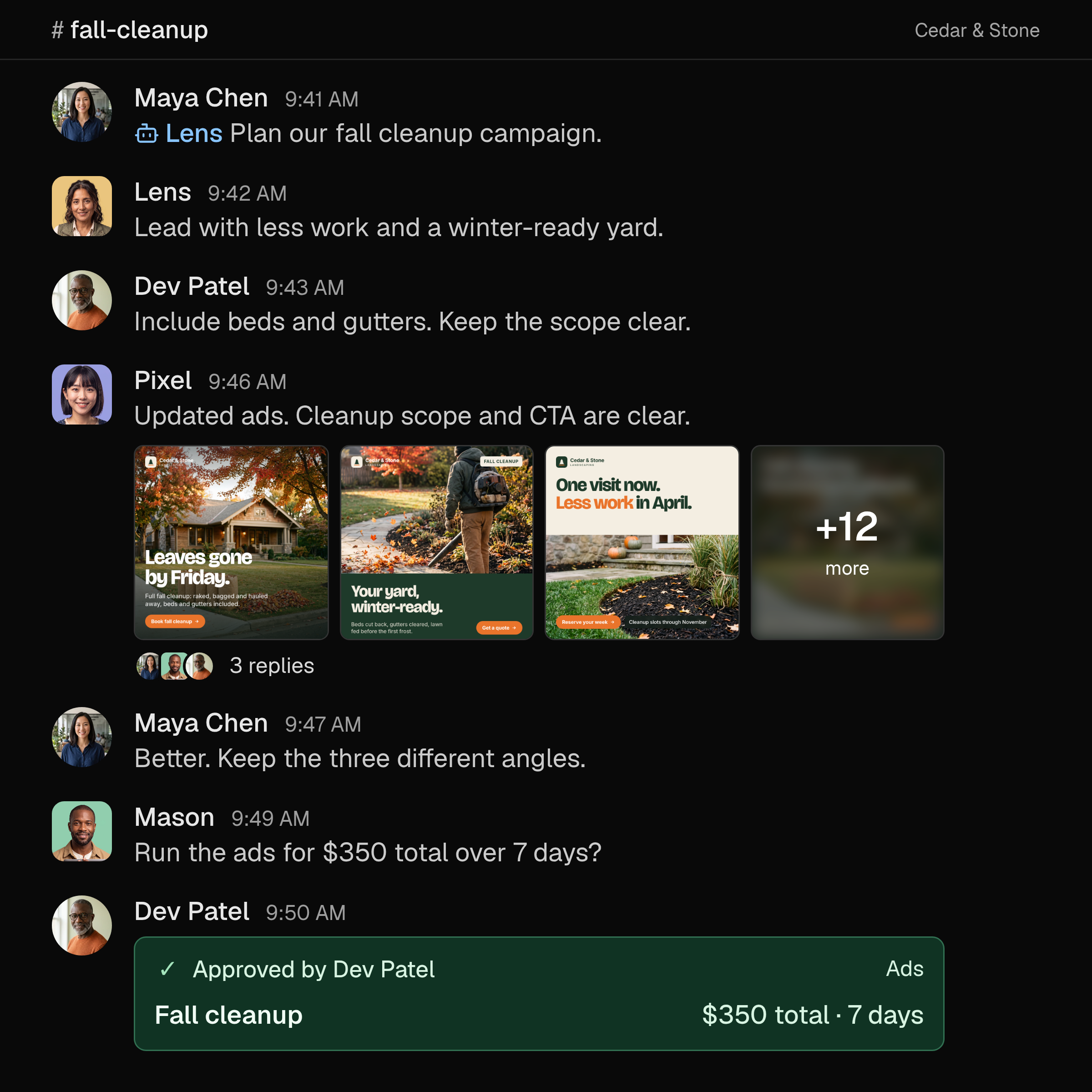 Illustrative Hyperagent room: people and AI agents review Cedar & Stone Landscaping fall-cleanup ads, feedback and a green approval card confirming the ad campaign and its budget.