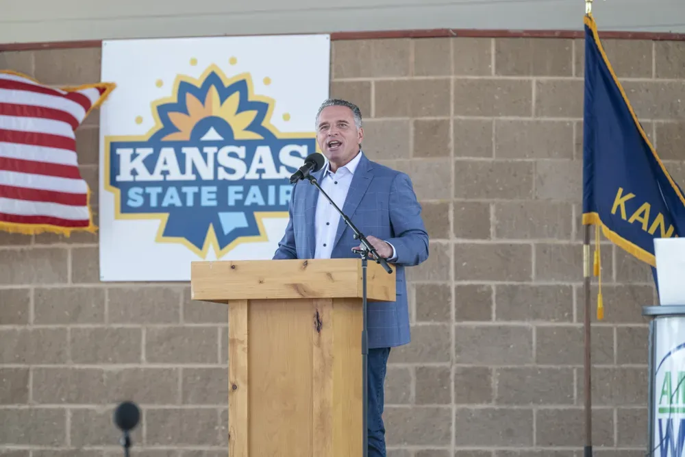 Ty Masterson, Kansas' Republican gubernatorial candidate, responds to a question during the Kansas State Fair debate on Sept. 12, 2026. (Dale Grosbach for Citizen Journal)