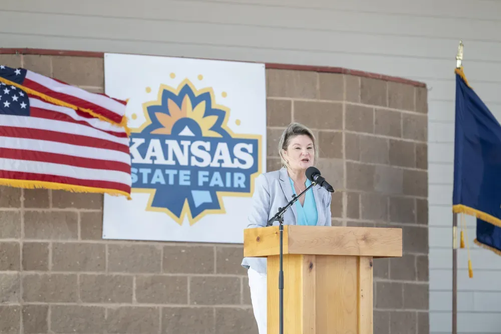 Cindy Holscher, Democratic Kansas gubernatorial candidate, responds to a question during the Kansas State Fair debate on Sept. 12, 2026. (Dale Grosbach for Citizen Journal)