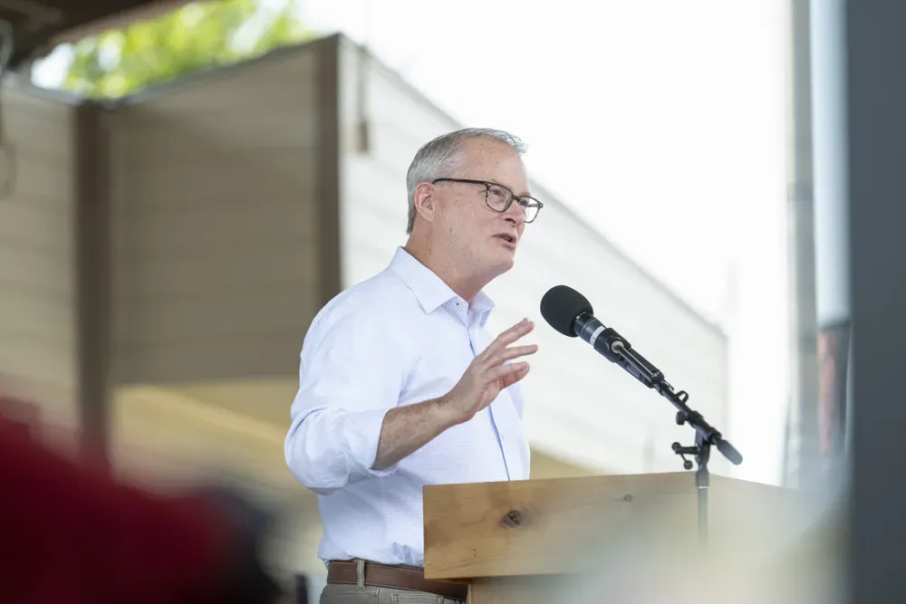 Adam Hamilton, Democratic candidate for U.S. Senator in Kansas, answers a question during the Kansas State Fair debate on Sept. 12, 2026. (Dale Grosbach for Citizen Journal)