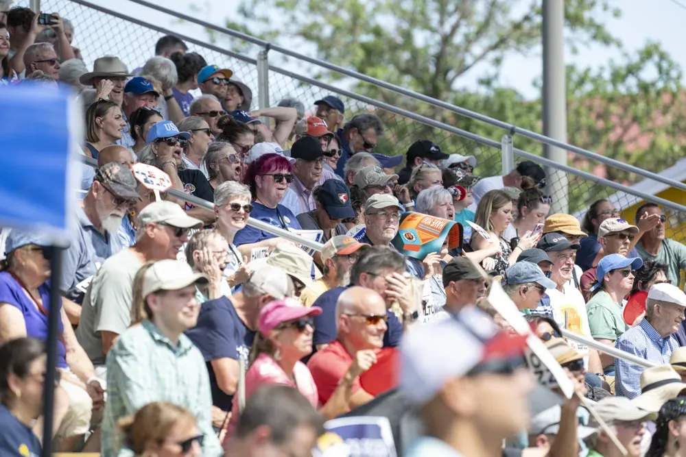 Kansas State Fair goers watch the U.S. Senate debate on Sept. 12, 2026. (Dale Grosbach for Citizen Journal)