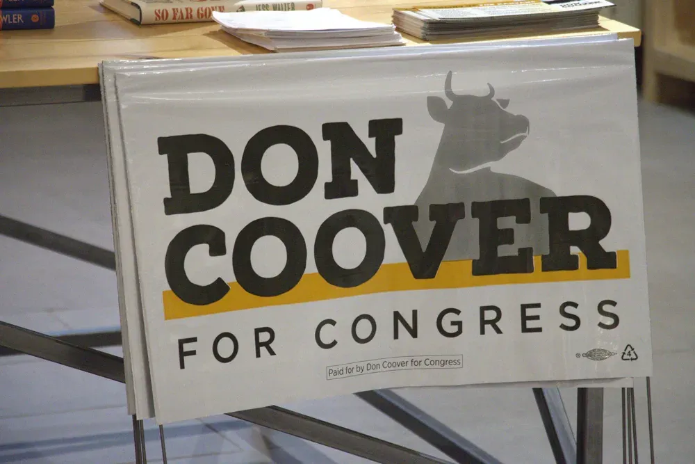 A sign promoting Don Coover sits at an event in Humboldt, Kan. on Sept. 8, 2026. (Matthew Petillo/Citizen Journal)