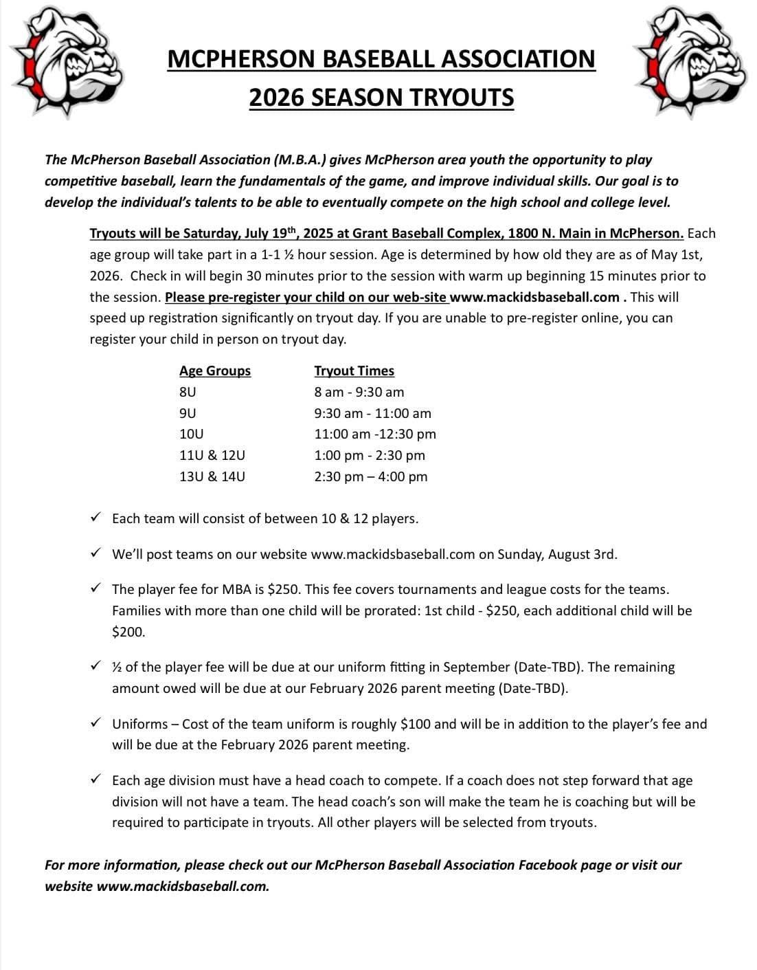 Bullpups Baseball Tryouts Set for July 19th at Grant Baseball Complex