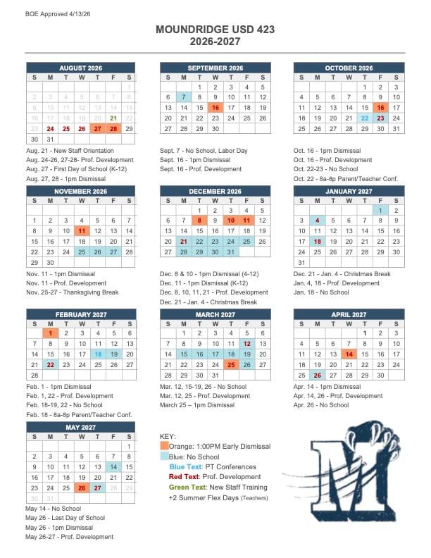 Moundridge USD 423 Board Approves 2026-2027 Academic Calendar