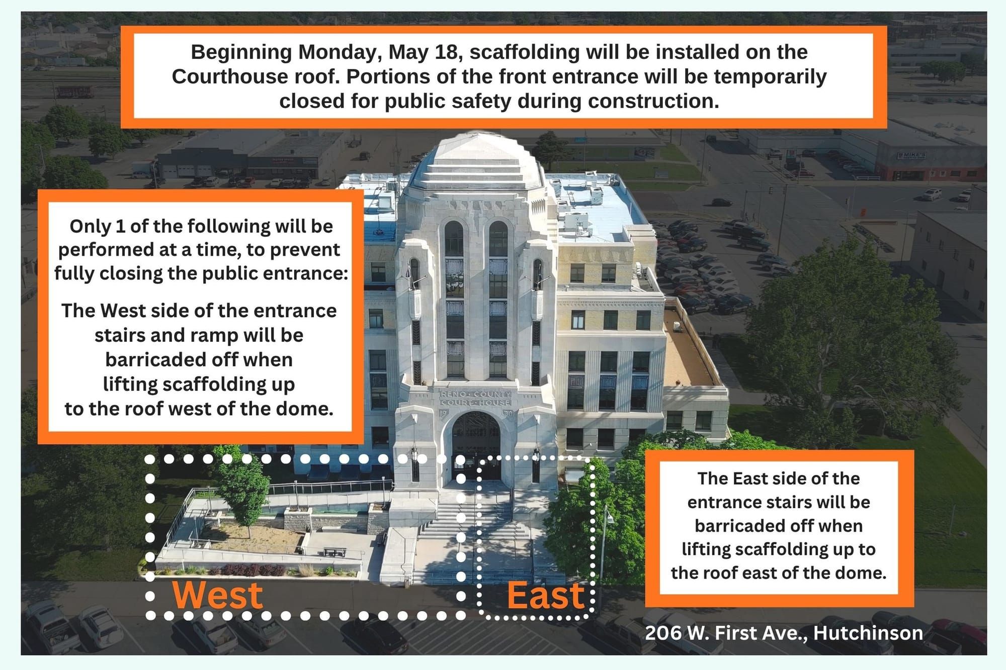 Reno County Courthouse entrances partially closed for roof work