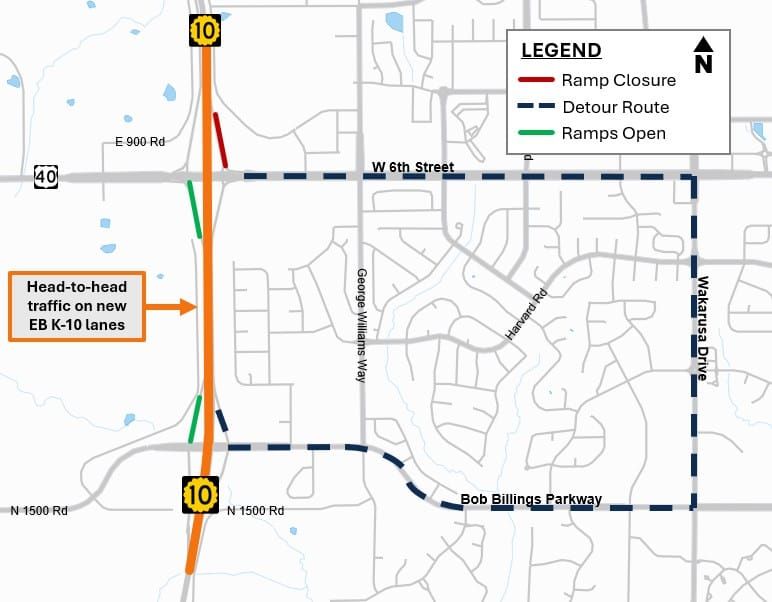 Traffic shifts begin on K-10 South Lawrence Trafficway project