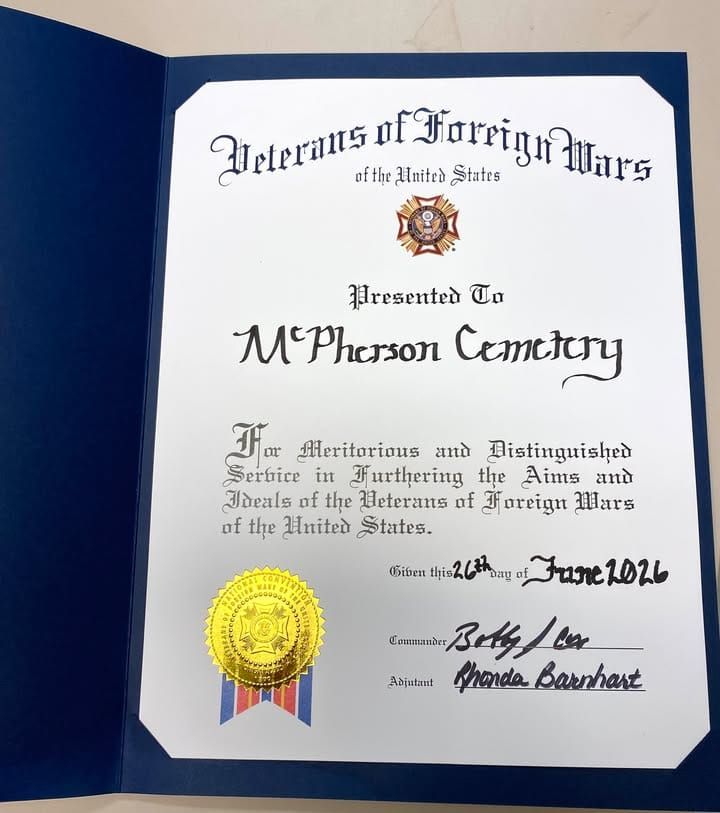 McPherson City Cemetery receives VFW service award