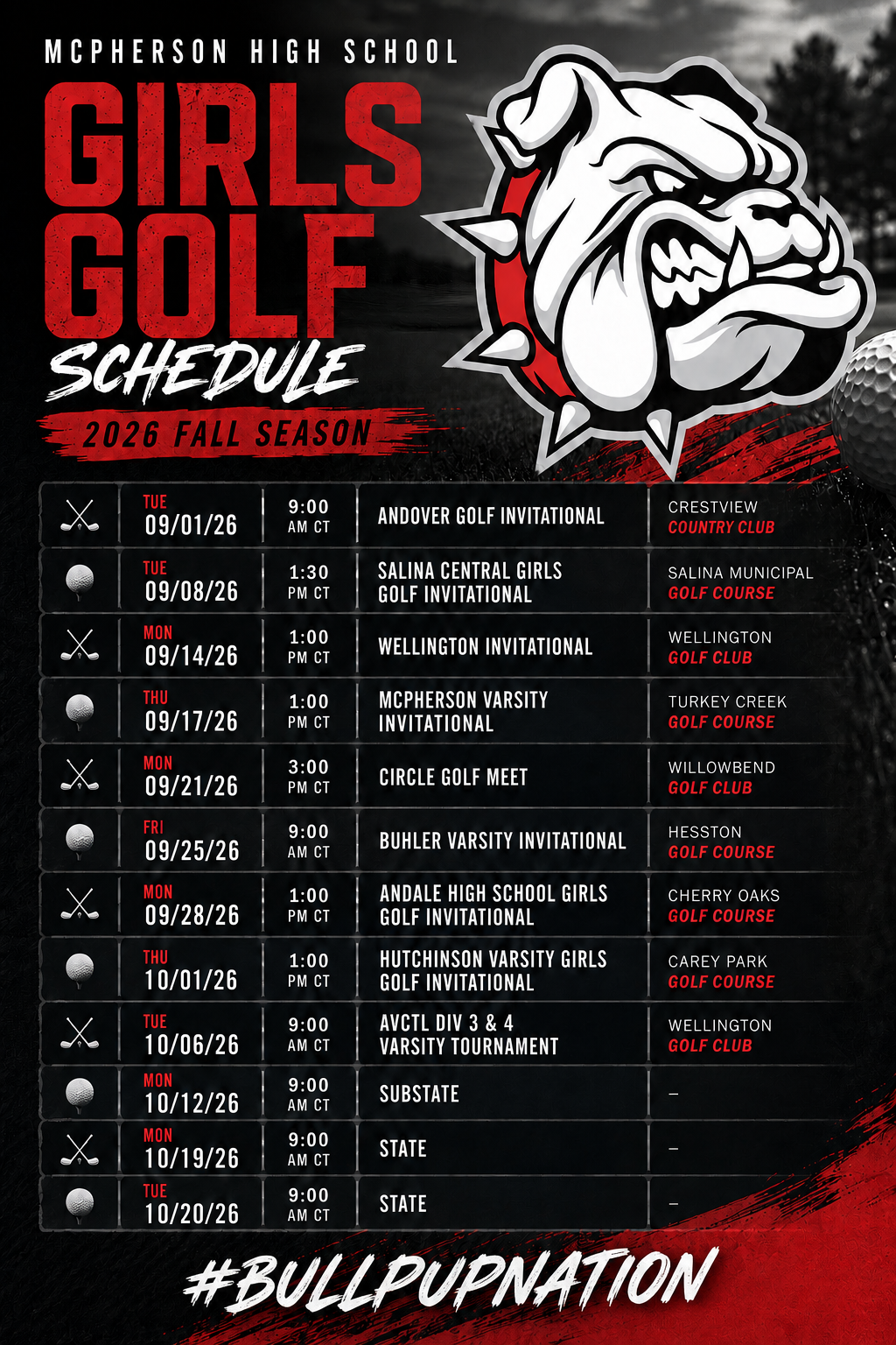 Bullpups Girls Varsity Golf Sets 2026 Fall Schedule