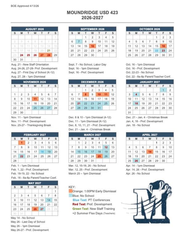 Moundridge USD 423 Board Approves 2026-2027 Academic Calendar
