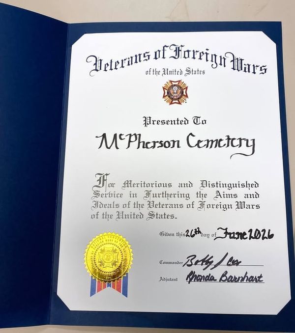 McPherson City Cemetery receives VFW service award