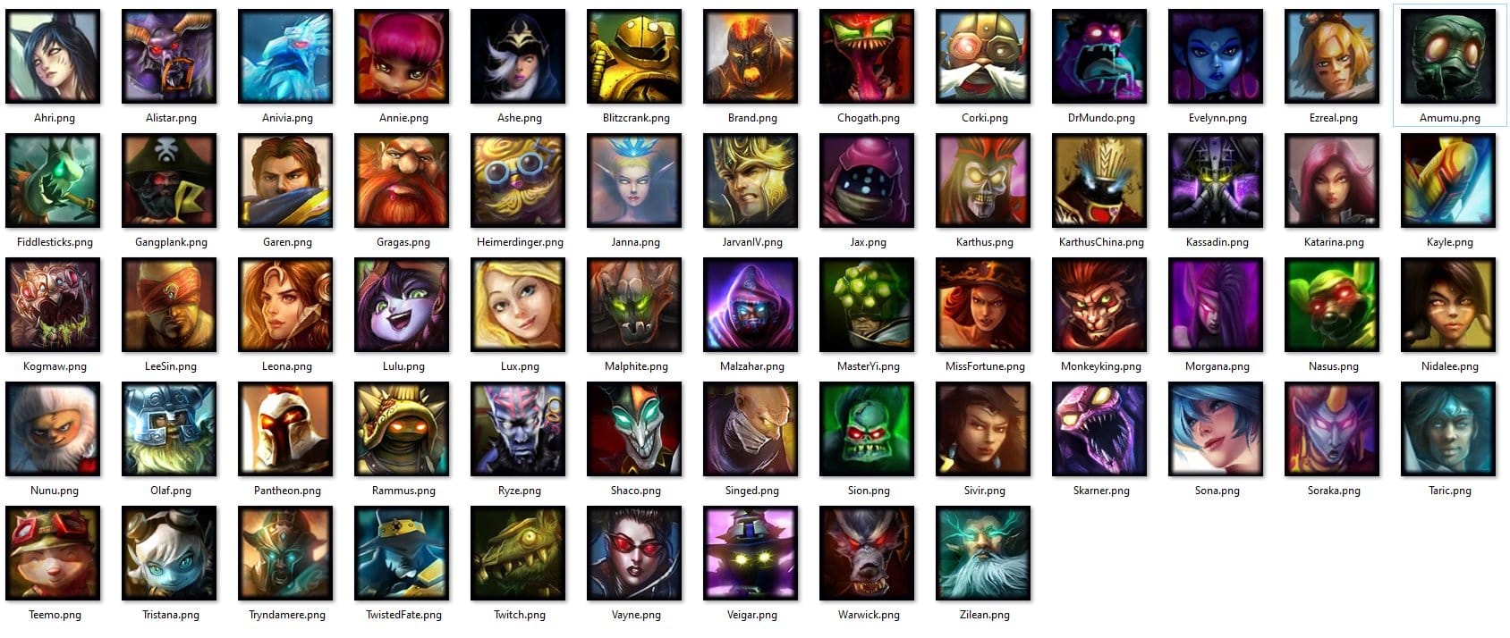 Ahri, Alistar, Anivia, Annie, Ashe, Blitzcrank, Brand, Cho Gath, Corki, DrMundo, Evelynn, Ezreal, Amumu, Fiddlesticks, Gangplank, Garen, Gragas, Heimendinger, Janna, Jarvan IV, Jax, Karthus, Kassadin, Katarina, Kayle, Kog Maw, Lee Sin, Leona, Lulu, Lux, Malphite, Malzahar, Master Yi, Miss Fortune, Wukong, Morgana, Nasus, Nidalee, Nunu, Olaf, Pantheon, Rammus, Ryze, Shaco, Singed, Sion, Sivir, Skarner, Sona, Soraka, Taric, Teemo, Tristana, Tryndamere, Twisted Fate, Twitch, Vayne, Veigar, Warwick, Zilean.