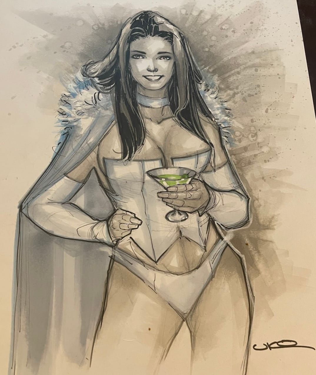 a drawing of a woman in a white cape and corset, holding a cocktail  